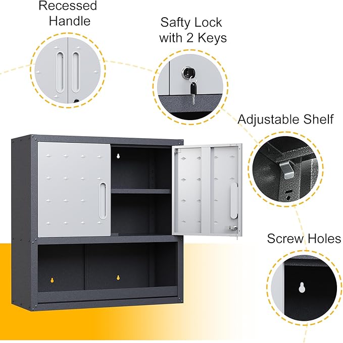 Wall Mounted Cabinet with Locking Doors, Open Shelf, Metal Hanging Garage - Image 6