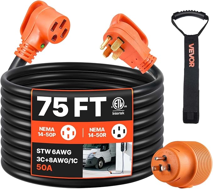 VEVOR 75 FT RV Extension Cord, 50 Amp, 125V/250V 7500W Heavy Duty STW 6/3 + 8/1 by VEVOR