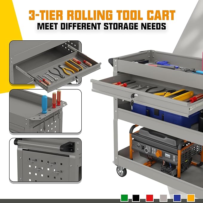 3 Tier Rolling Tool Cart on Wheels, 450 LBS Capacity Tool Cart - Image 6