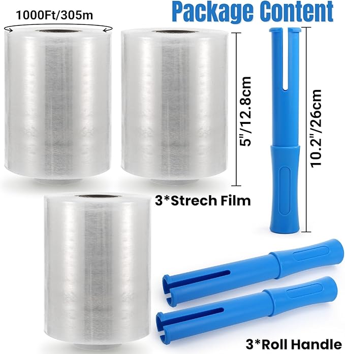 3 Pack 5" x 1000ft Clear Industrial Stretch Wrap Film, 100 Gauge Mini Plastic - Image 2