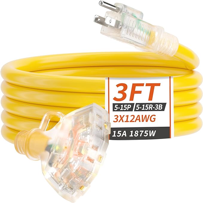 3 FT 12/3 Gauge Outdoor Extension Cord by PlugSaf
