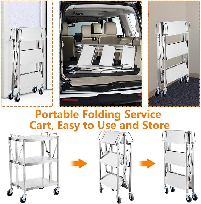 Upgraded Superior Foldable Stainless Steel Utility Cart, 300 LBS Heavy - Image 3