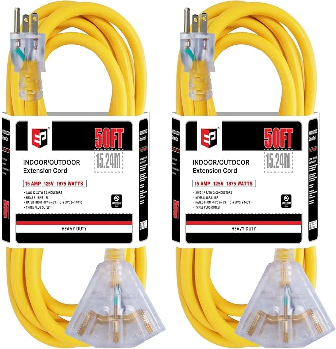EP 2 Pack 50 Ft 12 Gauge Heavy Duty Extension Cord, 15A 125V 1875W, 3 Outlet by ENERGYPRO