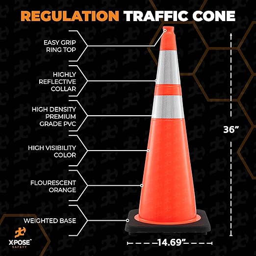 Xpose Safety 36 Inch Orange Traffic Cones Heavy Duty 12lb 6" & 4" Collar - Image 3