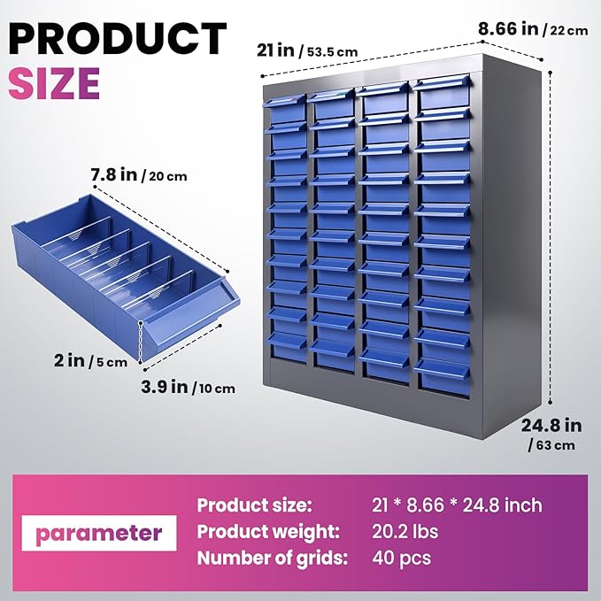 40 Drawers 21x9x25 Inch Bolt and Nut Organizer, Stainless Steel Parts Cabinet - Image 2