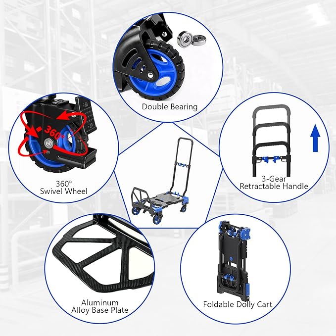 2 in 1 Hand Truck Dolly Foldable, 330LB Folding Hand Truck Heavy Duty Carrying - Image 6