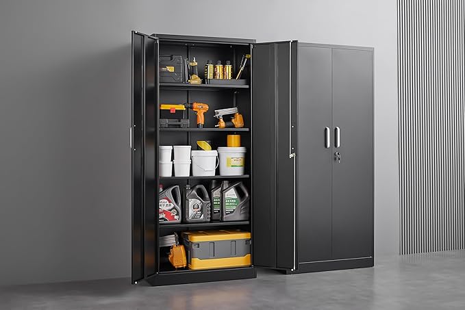Garage Storage Cabinet with 2 Lockable Doors, Adjustable Shelves Metal Storage - Image 6