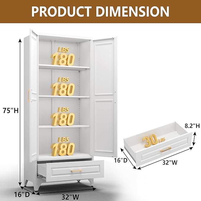 Kitchen Pantry Cabinet with Drawer, Metal Storage Cabinets with Doors and - Image 3