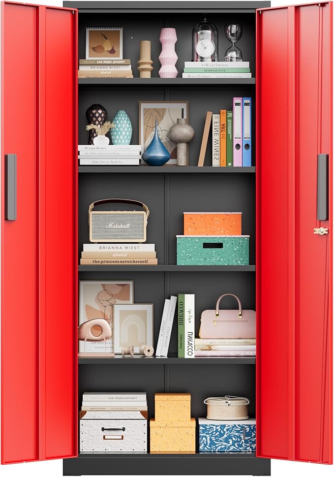 Greenvelly 63" H Metal Storage Cabinet Black Red, Locking Metal Cabinet by Greenvelly