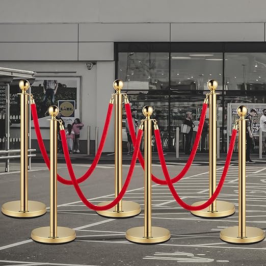 VEVOR Velvet Ropes and Posts 6 Pcs Red Velvet Rope 5 ft, Stanchions Solid Base - Image 8