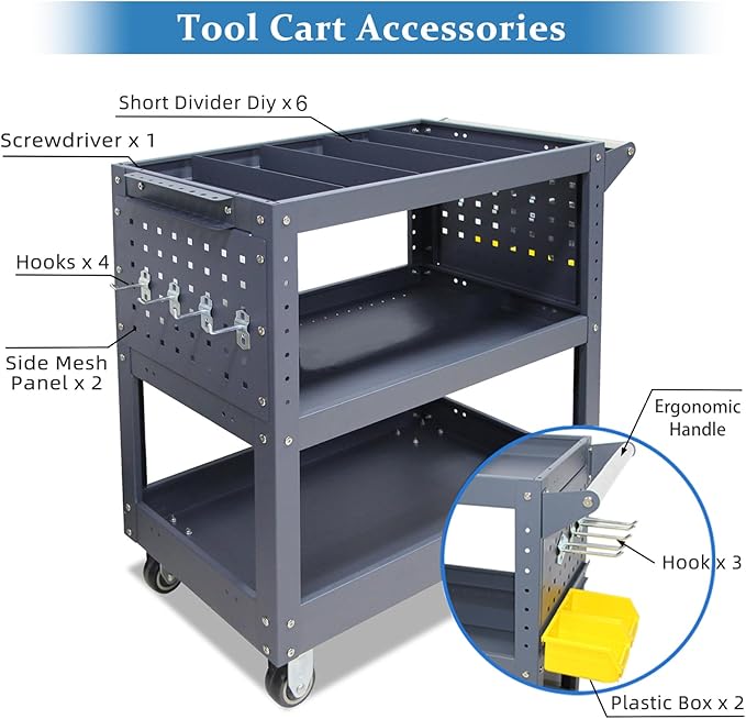 3 Tier Rolling Tool Cart with 6 Dividers, Mesh Panels & Screwdriver Shelf - Image 4