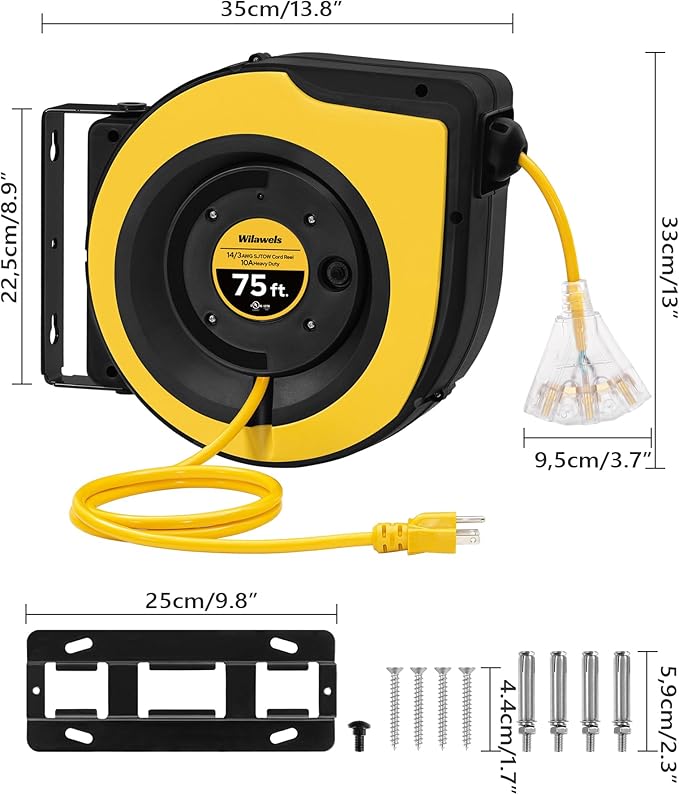 Retractable Cord Reel, 75 FT Heavy Duty Extension Cord, 14AWG/3C SJTOW - Image 7