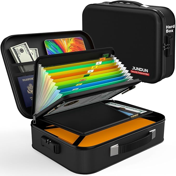 JUNDUN Fireproof Document Box, Hard Case Fireproof Document Organizer by JUNDUN