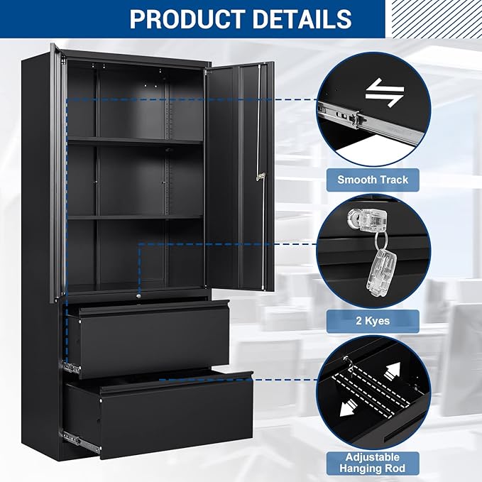 Metal Cabinets with Lockable Drawers and Doors Lateral File Cabinets Steel - Image 5