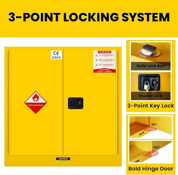 60 Gallon Yellow Flammable Storage Cabinet, Fireproof Steel Chemical Storage - Image 7