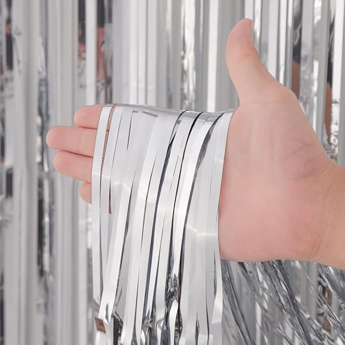3 Pack 3.3x8.2 Feet Silver Foil Fringe Backdrop Curtains, Tinsel Streamers - Image 2