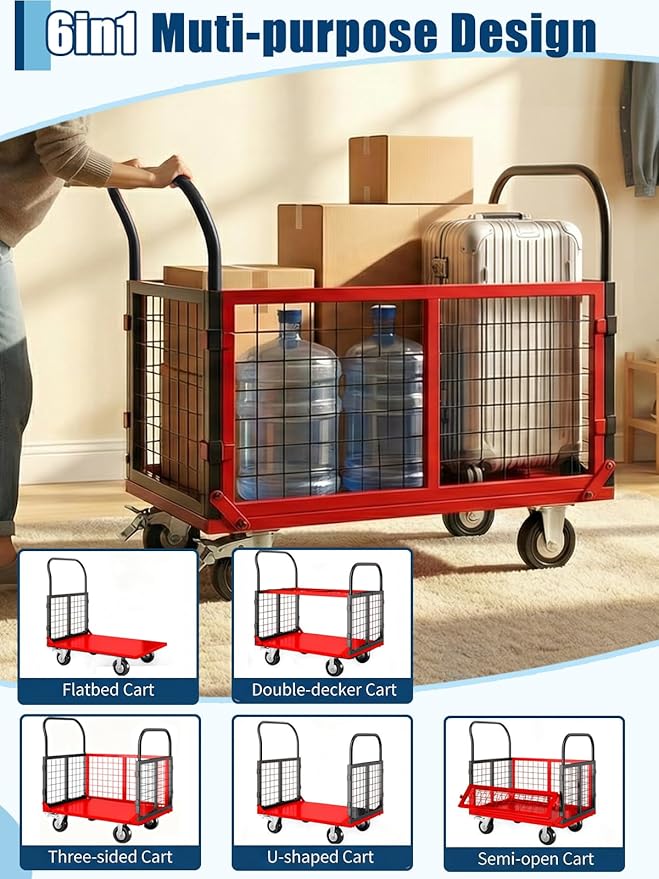 Platform Truck Cart with Cage, 6-in-1 Multi-Purpose Flatbed Cart, Foldable Hand - Image 3