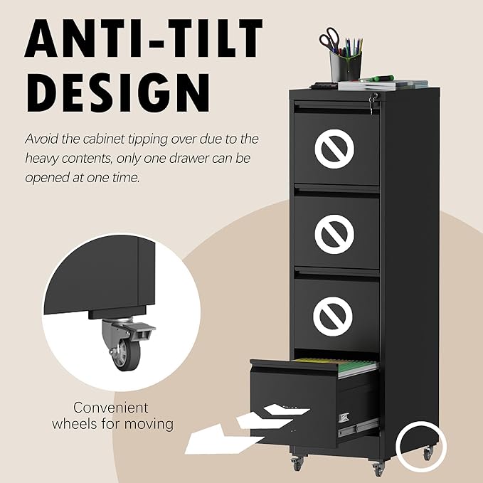 File Cabinet with Lock, 4 Drawers Filing Cabient with Wheel, Steel Vertical - Image 5