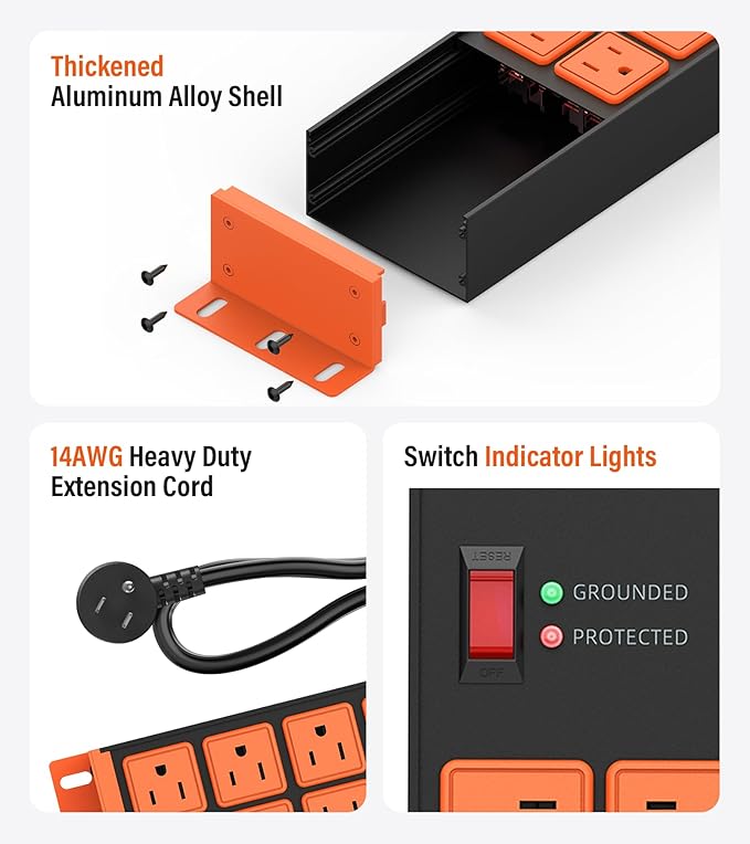 2 Pack Heavy Duty Power Strip 8 Outlets, Work Shop Outlet Strip Surge Protector - Image 5