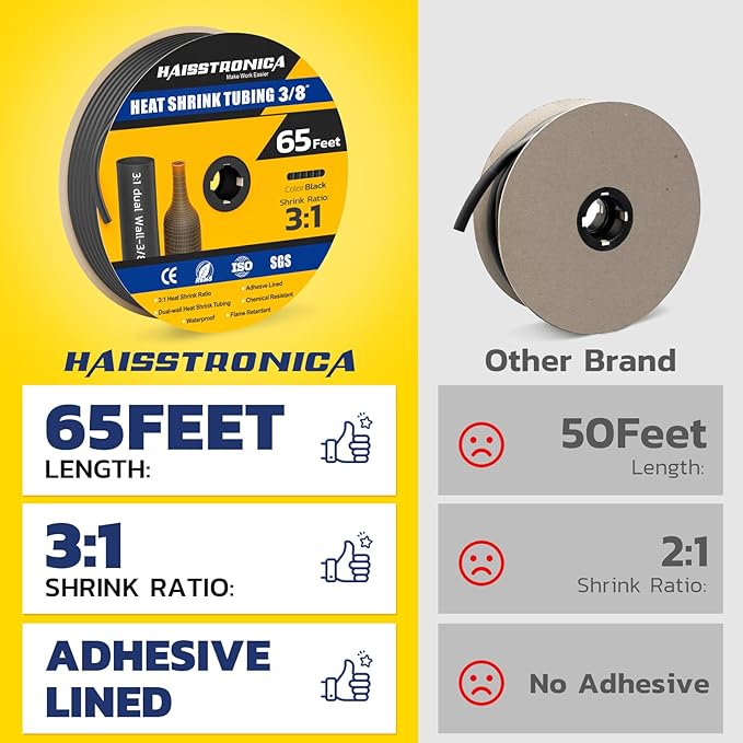 haisstronica 3/8" 65FT Heat Shrink Tubing, 3:1 Shrink Ratio Adhesive Lined - Image 2