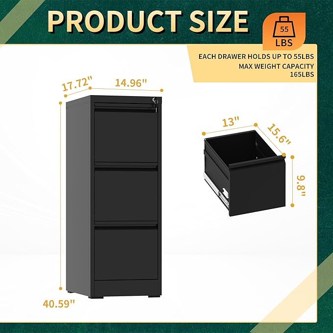 3 Drawer File Cabinet with Lock, Steel Vertical Filing Storage Cabinet - Image 3