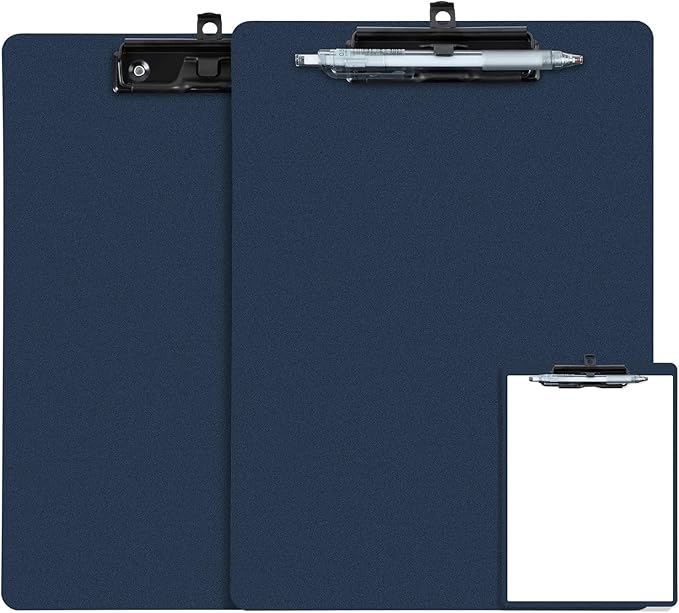 Blue Clipboard with Pen Holder, 2 Pack Plastic Clipboard with Low Profile Metal by FRETONBA