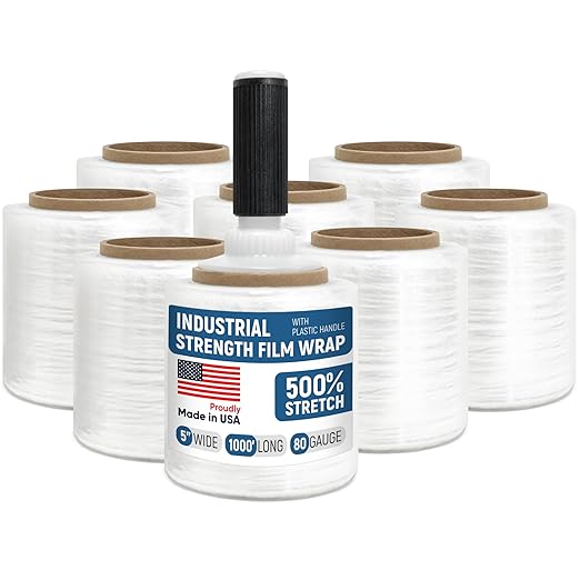 5" x 1000’ Industrial Strength Stretch Wrap, Ready to Use Pack of 8 Mini Rolls by Paclord