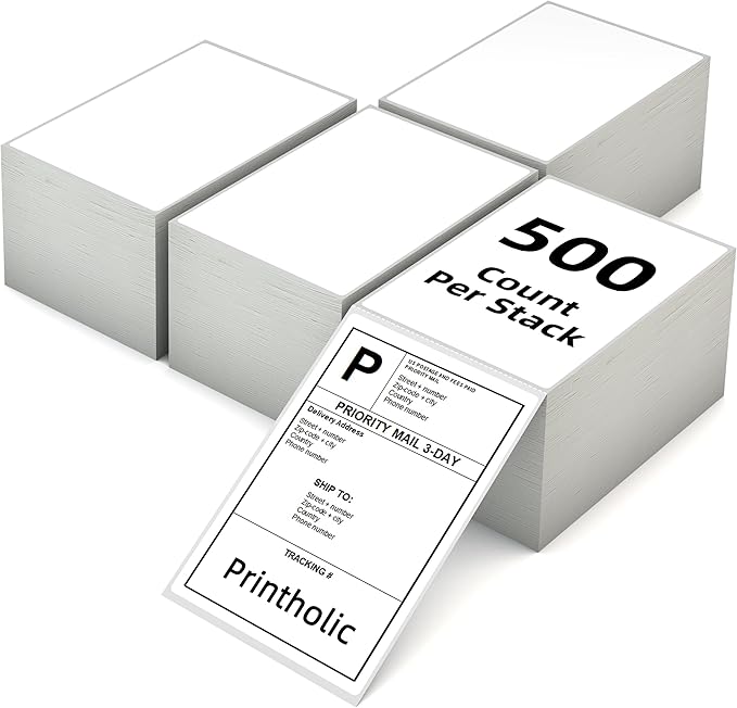 4" x 6" Fanfold Direct Thermal Labels, 500 Labels per Stack, 4 Stacks, by Printholic