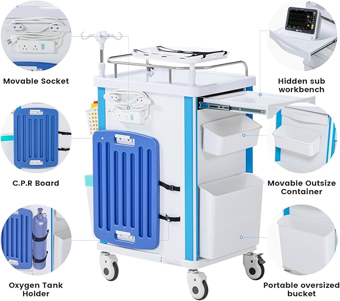 5-Tier Medical Cart, Hospital Emergency Rolling Crash Carts - Image 3