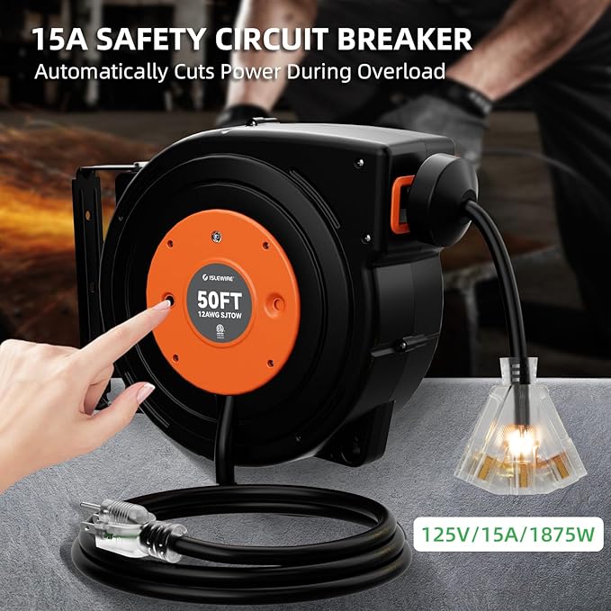 50 FT Retractable Extension Cord Reel, Heavy Duty 12AWG/3C SJTOW Power Cord - Image 6