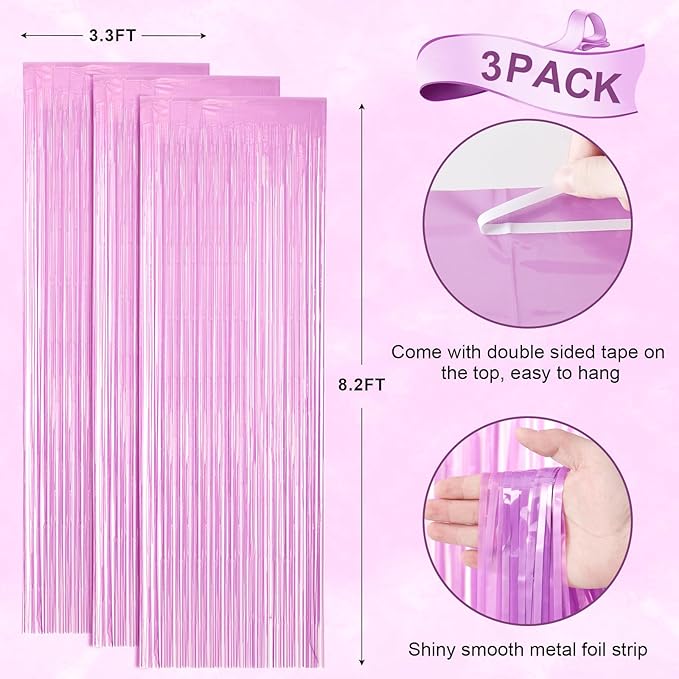 3 Pack 3.3 x 8.2 ft Pastel Purple Foil Fringe Backdrop Curtains, Tinsel - Image 3