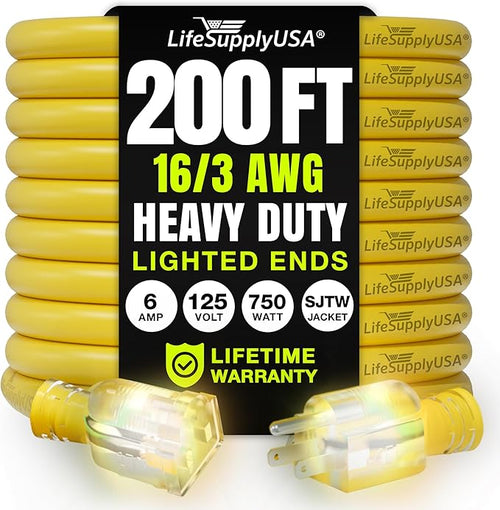 200ft Outdoor/Indoor Extension Cord 16/3 Gauge Heavy Duty 3 Prong SJTW by LifeSupplyUSA