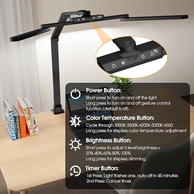 ShineTech LED Desk Lamp for Home Office, 25 Lighting Modes Swing Arm LED Lamp - Image 4