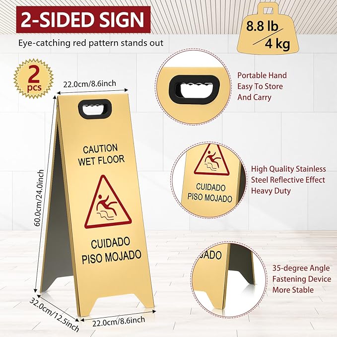 2 Pcs 24 Inch Stainless Steel Wet Floor Sign, Heavy Duty Caution Wet Floor Sign - Image 2