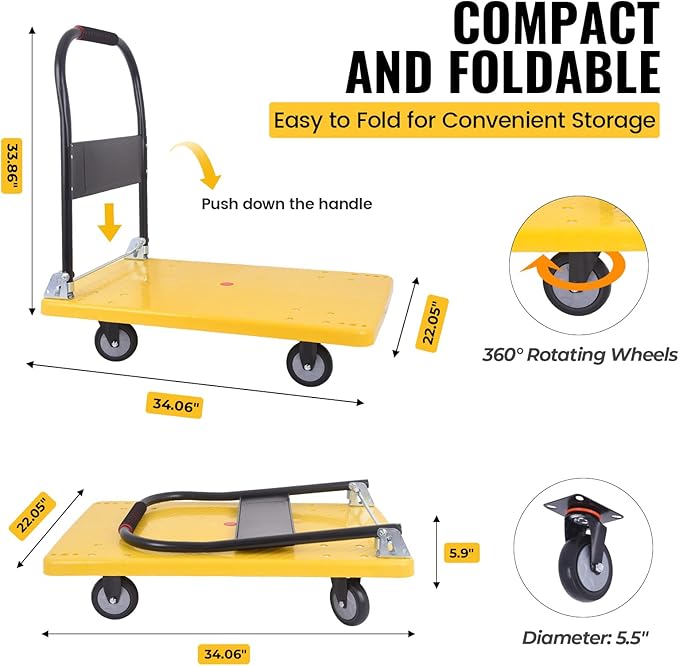Hand Cart 660 lbs, Push Cart Dolly Yellow, Capacity Platform Truck Foldable - Image 3