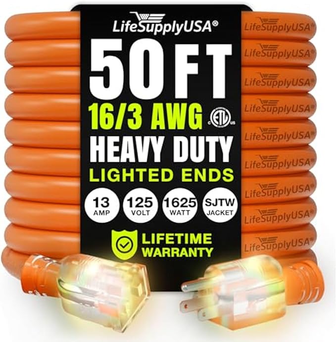 50ft Outdoor/Indoor Extension Cord 16/3 Gauge Heavy Duty 3 Prong SJTW, by LifeSupplyUSA