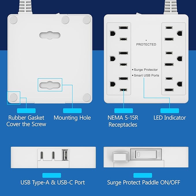 LIDER Outlet Extender with 6 Receptacles, USB-A and 2 USB-C, Ultra-Thin - Image 4