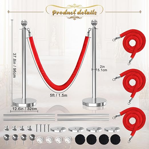 4Pcs Sliver Stanchion Post Queue Velvet Ropes and Posts - Image 2