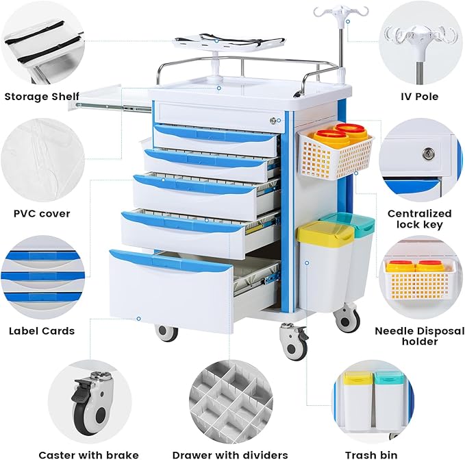 5-Tier Medical Cart, Hospital Emergency Rolling Crash Carts - Image 2