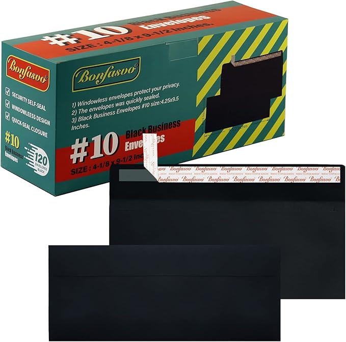 120 Pack #10 Black Security Envelopes 4-1/8 x 9-1/2 inches Self Seal Kraft by Bonfasvo