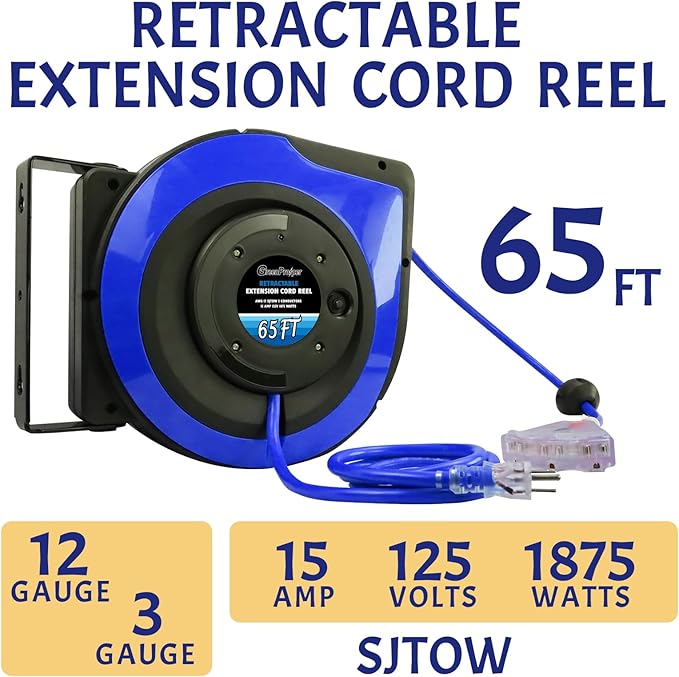 65Ft Heavy Duty Cord Reel, Retractable Extension Cord, 12AWG/3C SJTOW, Lighted - Image 2