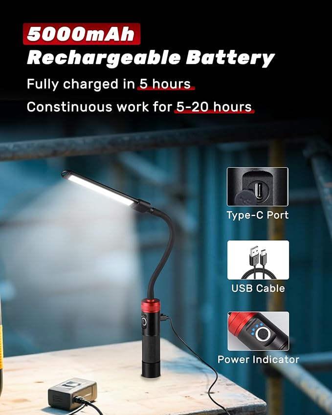 Rechargeable Work Light, 5000mAh Flexible Gooseneck LED Work Light - Image 6