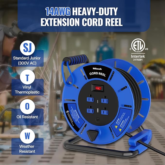 80 FT Retractable Extension Cord Reel, 14AWG Heavy Duty Power Cord - Image 2