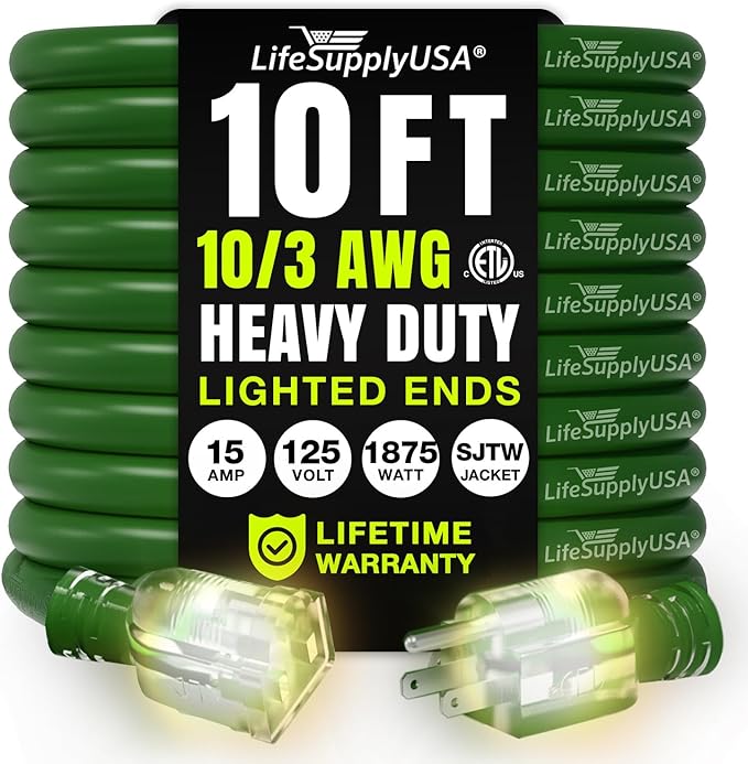 10ft Outdoor/Indoor Extension Cord 10/3 Gauge Ultra Heavy Duty 3 Prong SJTW by LifeSupplyUSA
