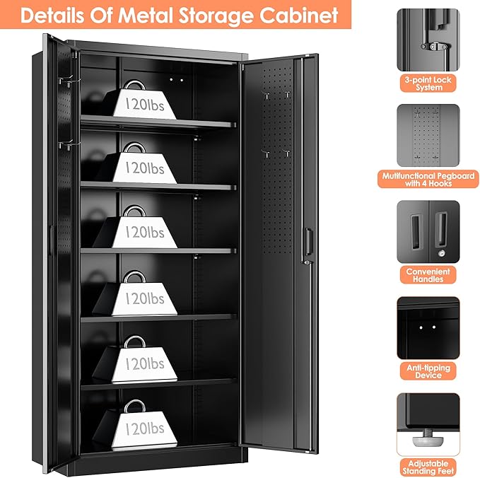 Metal Storage Cabinet with 5 Adjustable Shelves and Pegboard, Lockable File - Image 4