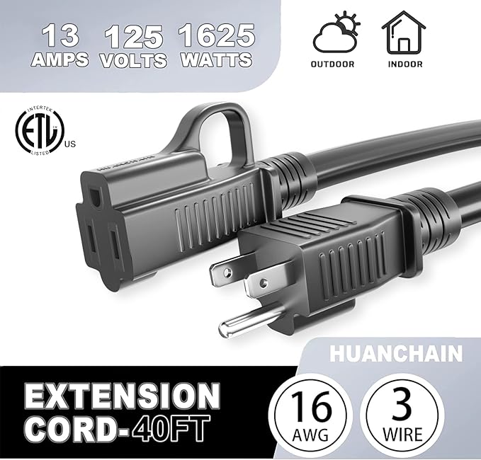 HUANCHAIN Indoor Outdoor Black Extension Cord 40 ft Waterproof, 16/3 Gauge - Image 7