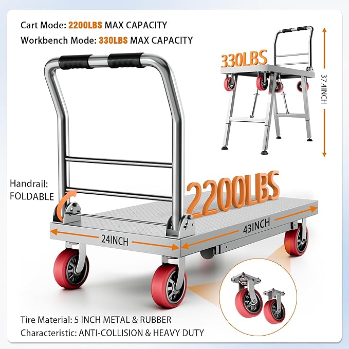 2IN1 43"×24" Foldable Platform Truck, Portable Ladder Platform, Height - Image 3