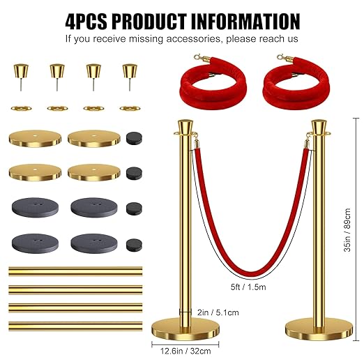 kaiyomi 4Pcs Stanchions with Red Velvet Ropes Set, 5 Feet Velvet Ropes and - Image 2