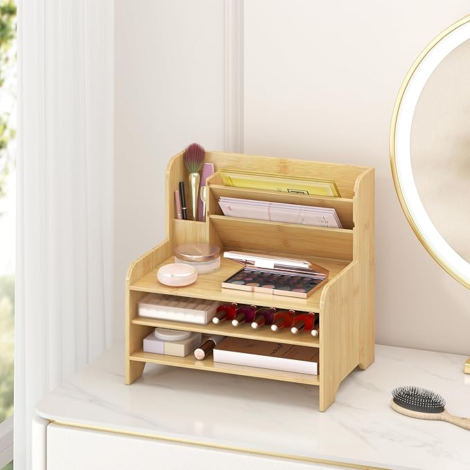 Bamboo Desk Organizer Mail Holder Countertop Letter Tray File Organizer - Image 2