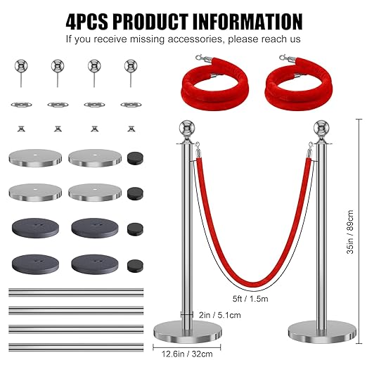 kaiyomi 4Pcs Stanchions with Red Velvet Ropes Set, 5 Feet Velvet Ropes and - Image 2